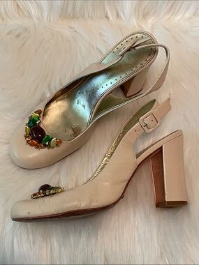 Richard Tyler Cream Slingback Block Heels with Multicolor Jewel Accents 7